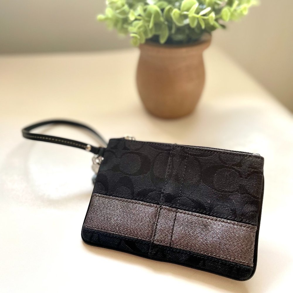 Coach Black and Gray Striped Wristlet Clutch
